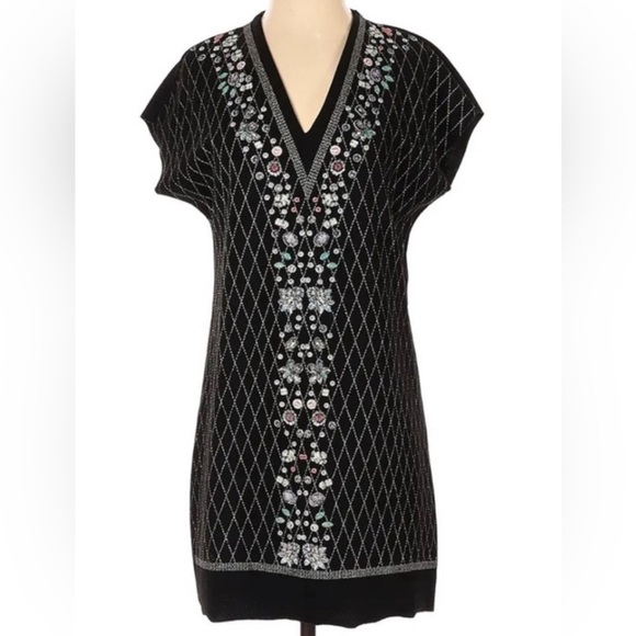 Zara basic black metallic and floral print Vneck shift dress size extra large - Picture 1 of 8